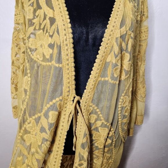 UMGEE Kimono Cardigan Women Small Yellow Cotton Lace Sheer Open Front Tie Boho - Picture 6 of 9